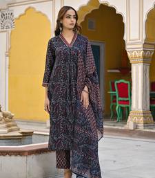 women navy blue rayon blend floral printed straight kurta trousers with dupatta