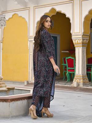 women navy blue rayon blend floral printed straight kurta trousers with dupatta 4