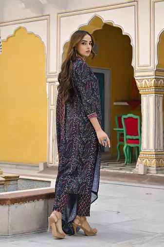 women navy blue rayon blend floral printed straight kurta trousers with dupatta