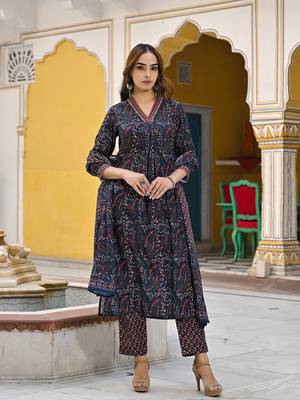 women navy blue rayon blend floral printed straight kurta trousers with dupatta 5