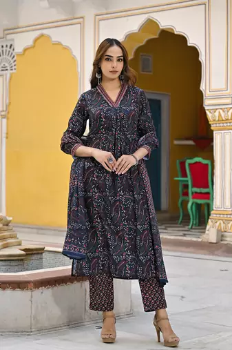 women navy blue rayon blend floral printed straight kurta trousers with dupatta