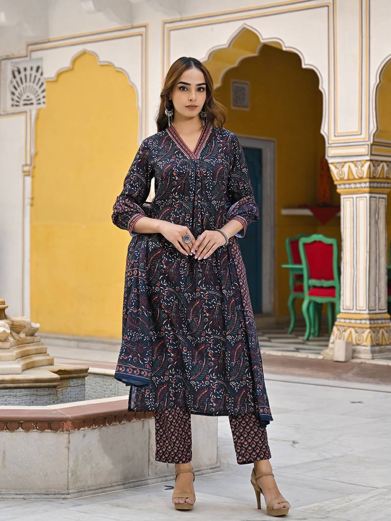 women navy blue rayon blend floral printed straight kurta trousers with dupatta