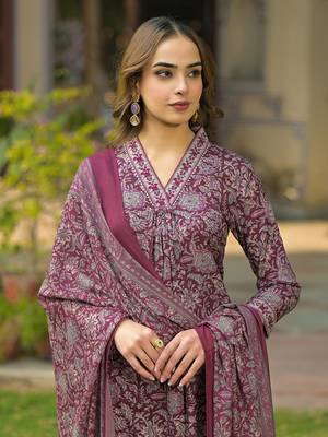 women burgundy rayon blend floral printed straight kurta trousers with dupatta 1