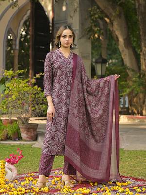 women burgundy rayon blend floral printed straight kurta trousers with dupatta 2
