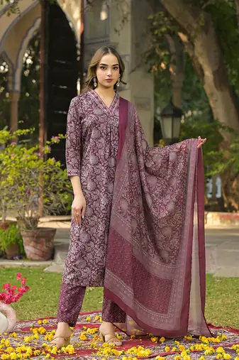 women burgundy rayon blend floral printed straight kurta trousers with dupatta