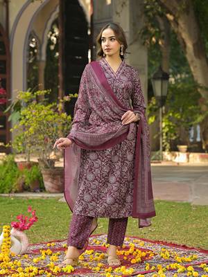 women burgundy rayon blend floral printed straight kurta trousers with dupatta 3