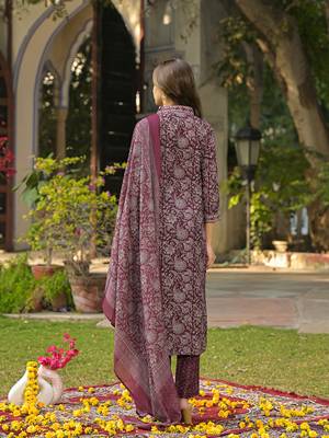women burgundy rayon blend floral printed straight kurta trousers with dupatta 4