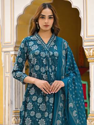 women blue rayon blend floral printed straight kurta trousers with dupatta 2