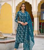 women blue rayon blend floral printed straight kurta trousers with dupatta