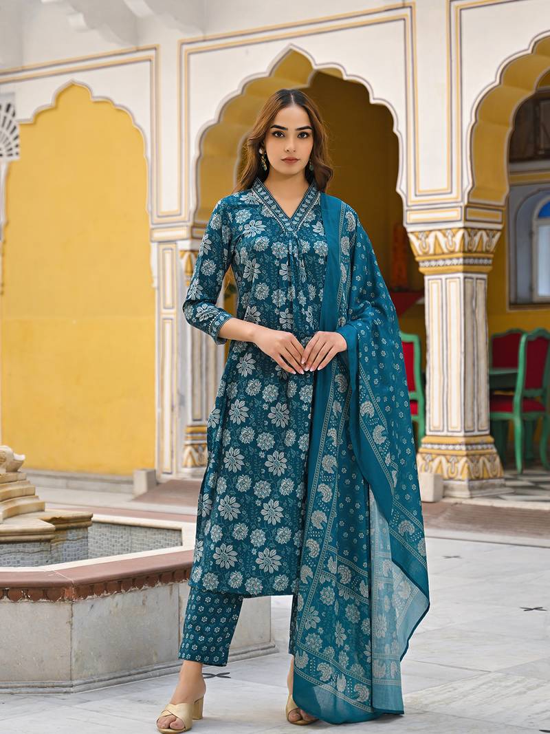 women blue rayon blend floral printed straight kurta trousers with dupatta