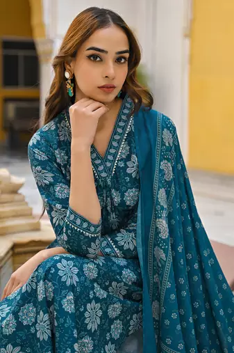 women blue rayon blend floral printed straight kurta trousers with dupatta