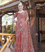 Peach Resham Cross Embroidered Silk Saree