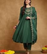 women green silk blend solid embroidered straight kurta trouser and dupatta