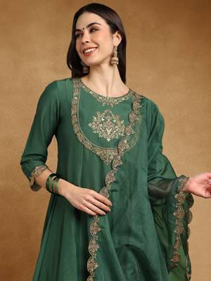 women green silk blend solid embroidered straight kurta trouser and dupatta 2