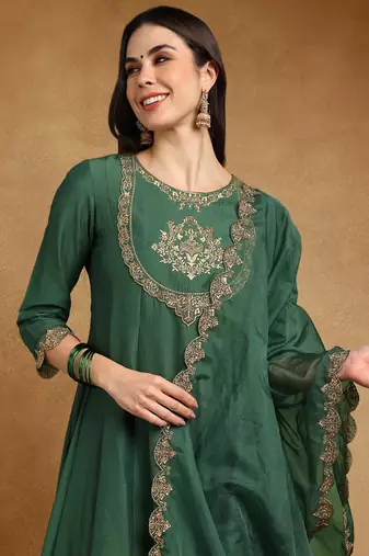 women green silk blend solid embroidered straight kurta trouser and dupatta