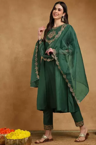 women green silk blend solid embroidered straight kurta trouser and dupatta