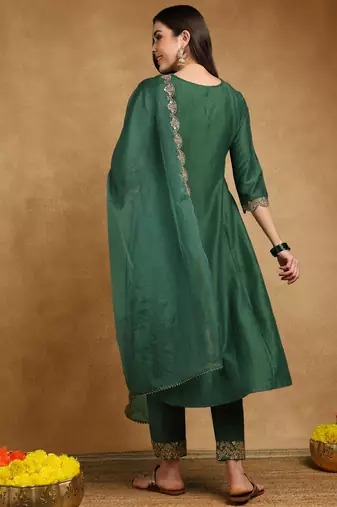 women green silk blend solid embroidered straight kurta trouser and dupatta
