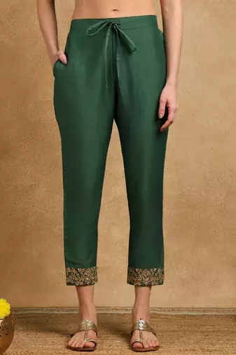 women green silk blend solid embroidered straight kurta trouser and dupatta