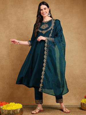 women teal silk blend solid embroidered straight kurta trouser and dupatta 1