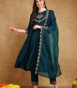 women teal silk blend solid embroidered straight kurta trouser and dupatta