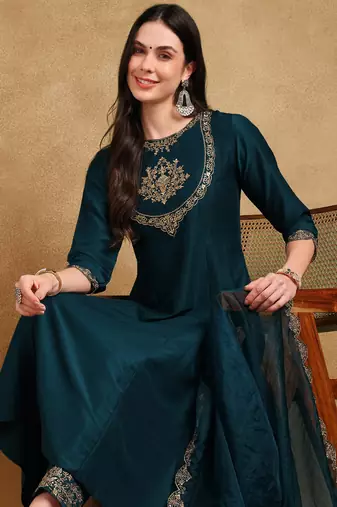 women teal silk blend solid embroidered straight kurta trouser and dupatta