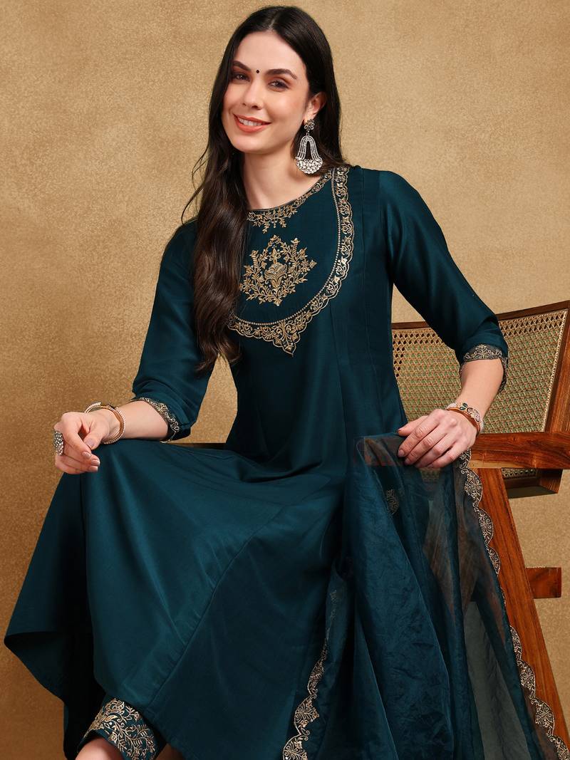 women teal silk blend solid embroidered straight kurta trouser and dupatta
