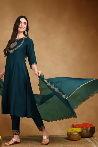 women teal silk blend solid embroidered straight kurta trouser and dupatta