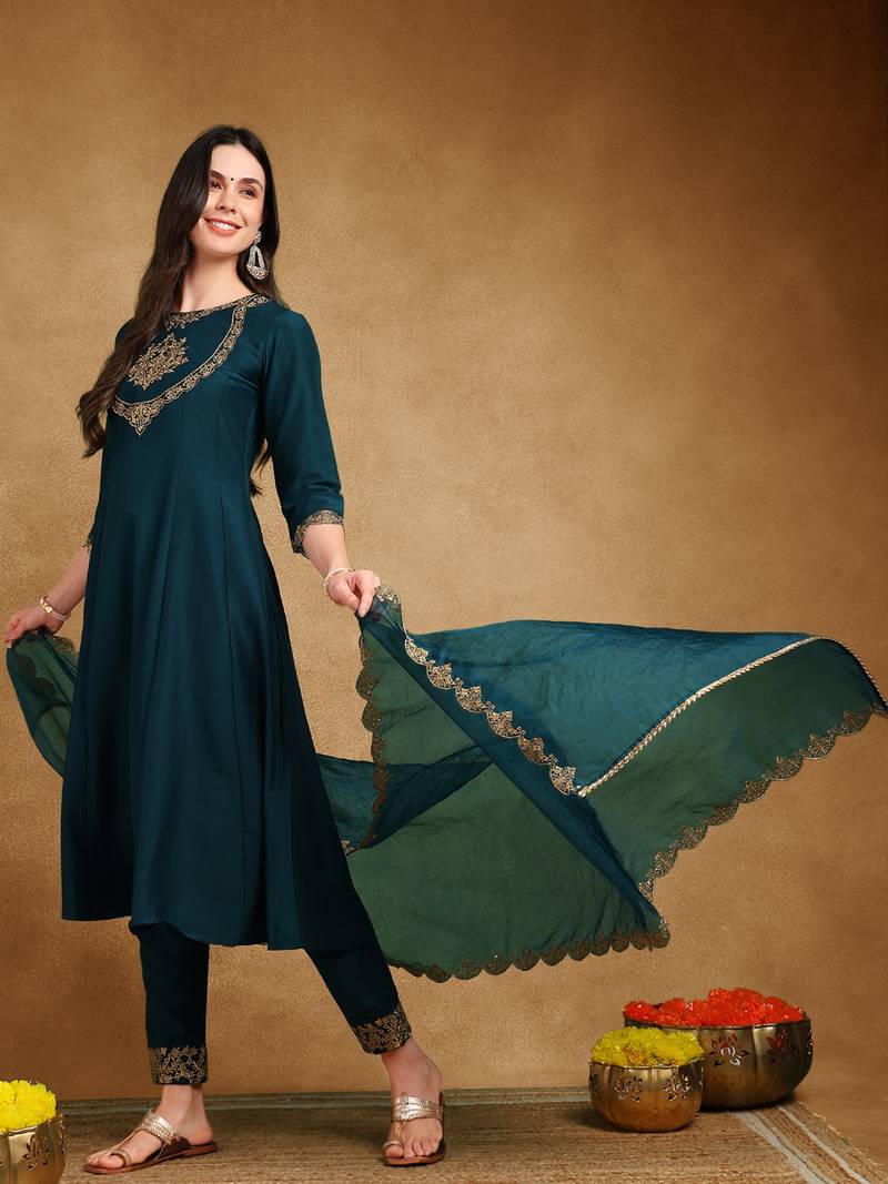 women teal silk blend solid embroidered straight kurta trouser and dupatta