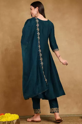women teal silk blend solid embroidered straight kurta trouser and dupatta