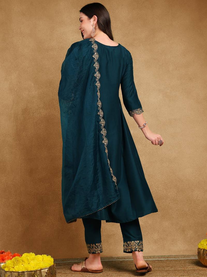 women teal silk blend solid embroidered straight kurta trouser and dupatta