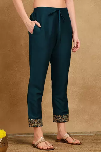 women teal silk blend solid embroidered straight kurta trouser and dupatta
