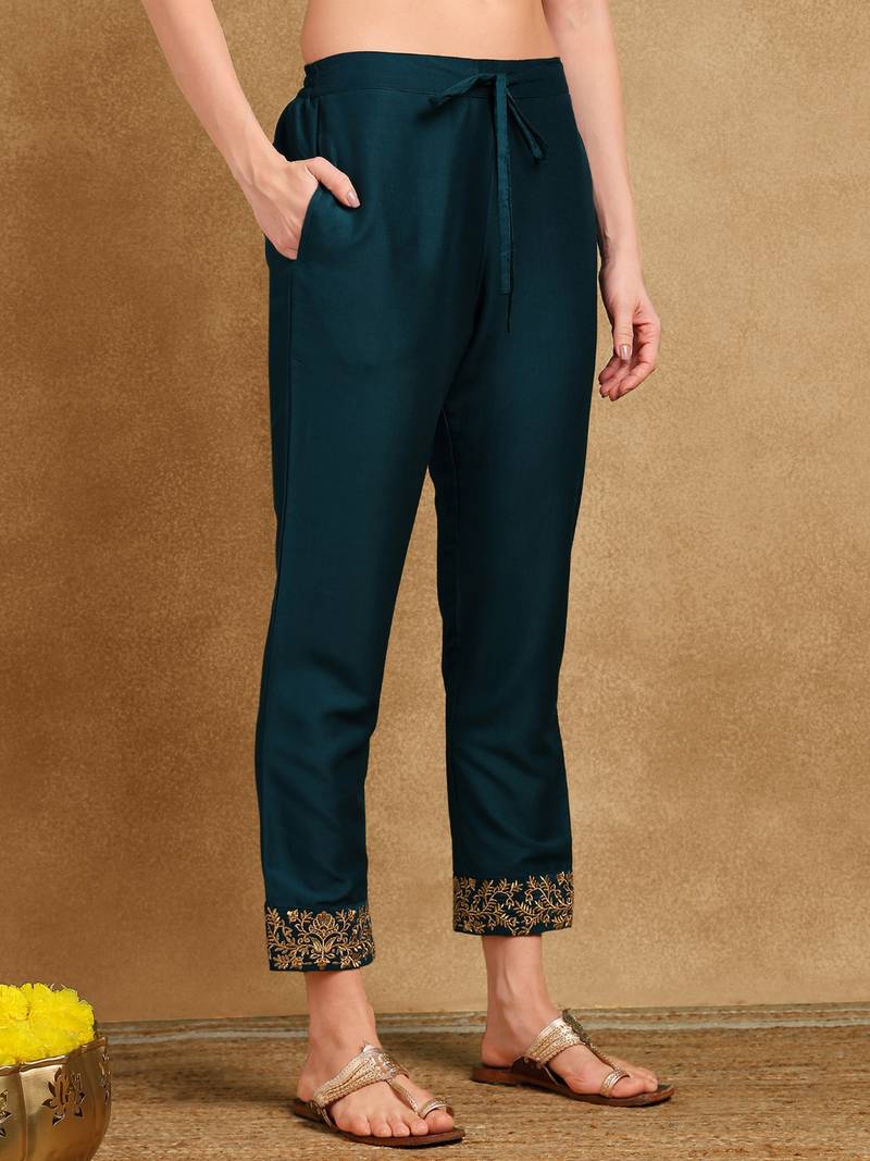 women teal silk blend solid embroidered straight kurta trouser and dupatta