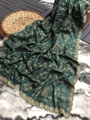 Hand Embroidered Soft Silk Saree with Cutwork Border 5