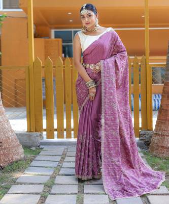 Hand Embroidered Soft Silk Saree with Cutwork Border 1