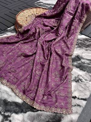 Hand Embroidered Soft Silk Saree with Cutwork Border 5