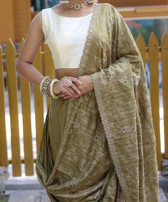 Hand Embroidered Soft Silk Saree with Cutwork Border 4