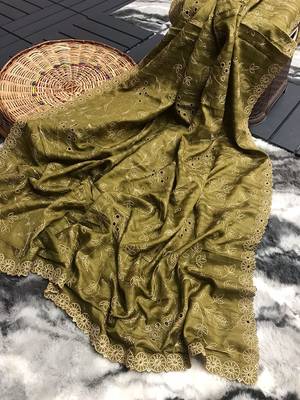 Hand Embroidered Soft Silk Saree with Cutwork Border 5