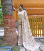 Hand Embroidered Soft Silk Saree with Cutwork Border