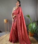 Brandy Beige Embroidered Work Soft Silk Saree