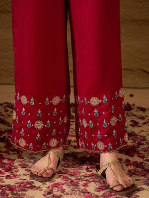 red silk blend solid yoke design anarkali kurta trouser with dupatta 5