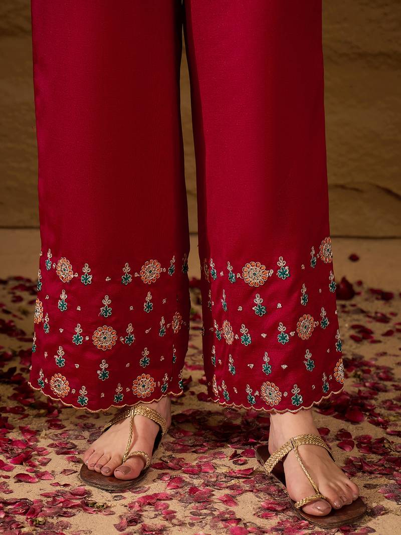 red silk blend solid yoke design anarkali kurta trouser with dupatta