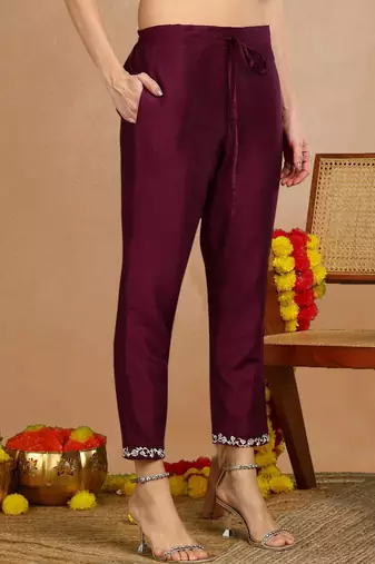 women purple silk blend solid embroidered straight kurta trouser with dupatta