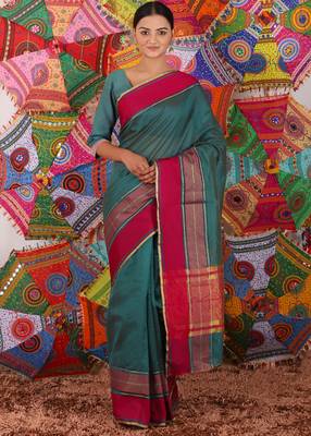 Teal Green Jacquard Silk Blend Mangalagiri Woven Checkered Saree With Unstitched Blouse Piece 1