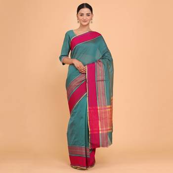 Teal Green Jacquard Silk Blend Mangalagiri Woven Checkered Saree With Unstitched Blouse Piece 2