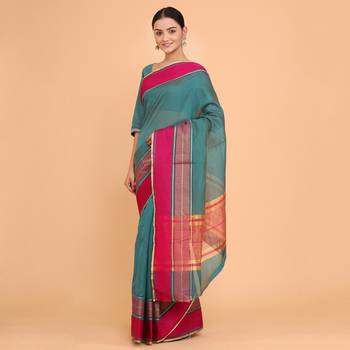 Teal Green Jacquard Silk Blend Mangalagiri Woven Checkered Saree With Unstitched Blouse Piece 3