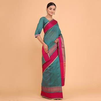 Teal Green Jacquard Silk Blend Mangalagiri Woven Checkered Saree With Unstitched Blouse Piece 4