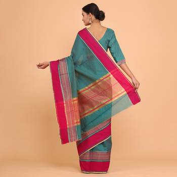 Teal Green Jacquard Silk Blend Mangalagiri Woven Checkered Saree With Unstitched Blouse Piece 5
