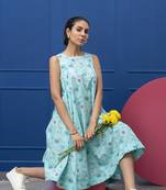 Smer women's cotton printed blue round neck sleeveless flare midi dress