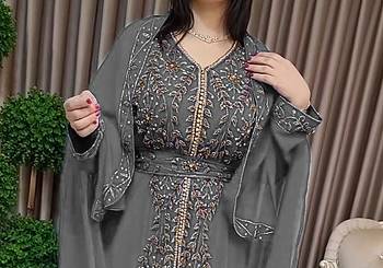 Grey Moroccan Kaftan With hijab 4