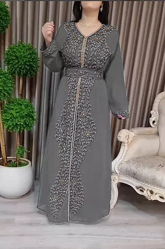 Grey Moroccan Kaftan With hijab